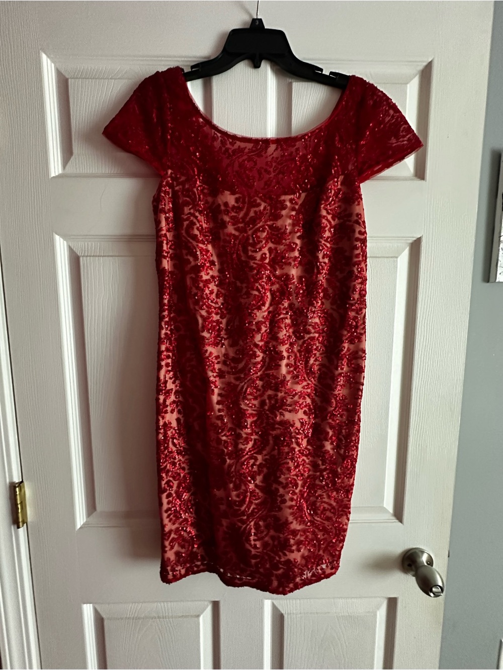 Calvin Klein Red Sequin Cap-Sleeve Midi Dress